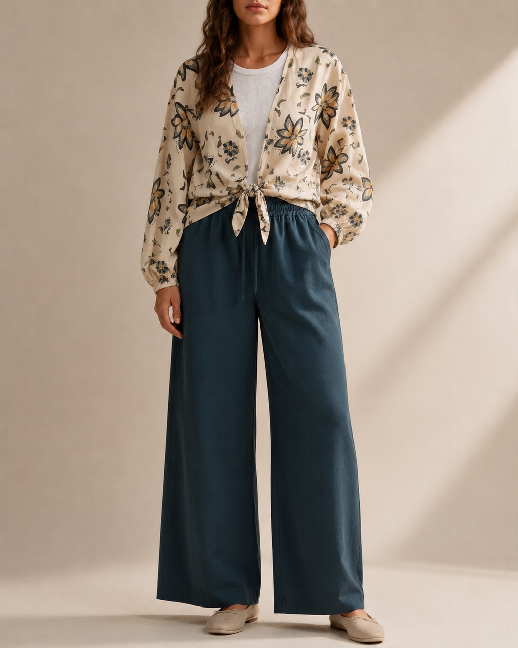 Floral Tie-Front Blouse – Beige