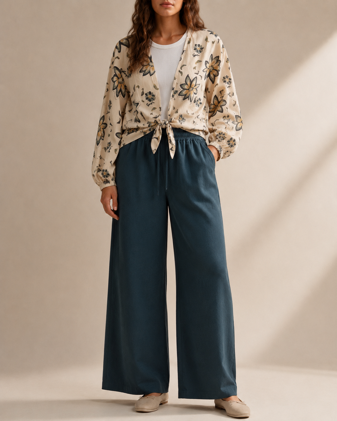 Floral Tie-Front Blouse – Beige