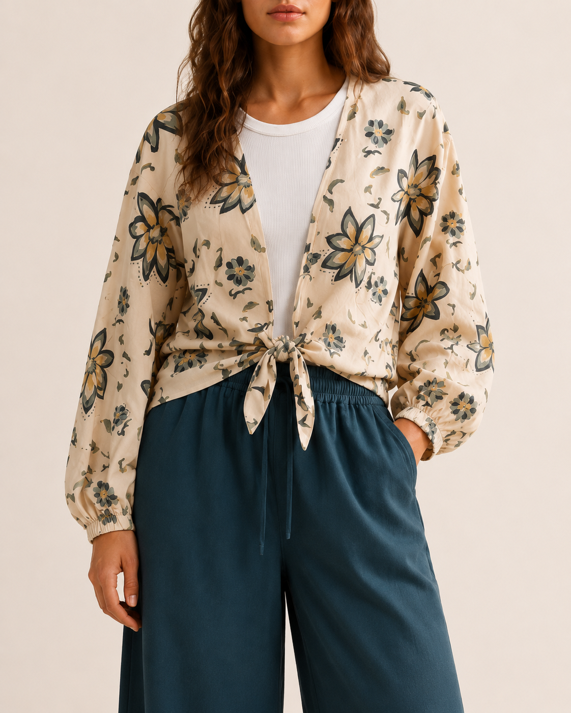 Floral Tie-Front Blouse – Beige