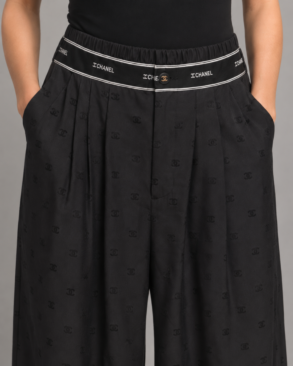 Chanel Black Monogram Wide-Lleg Pants