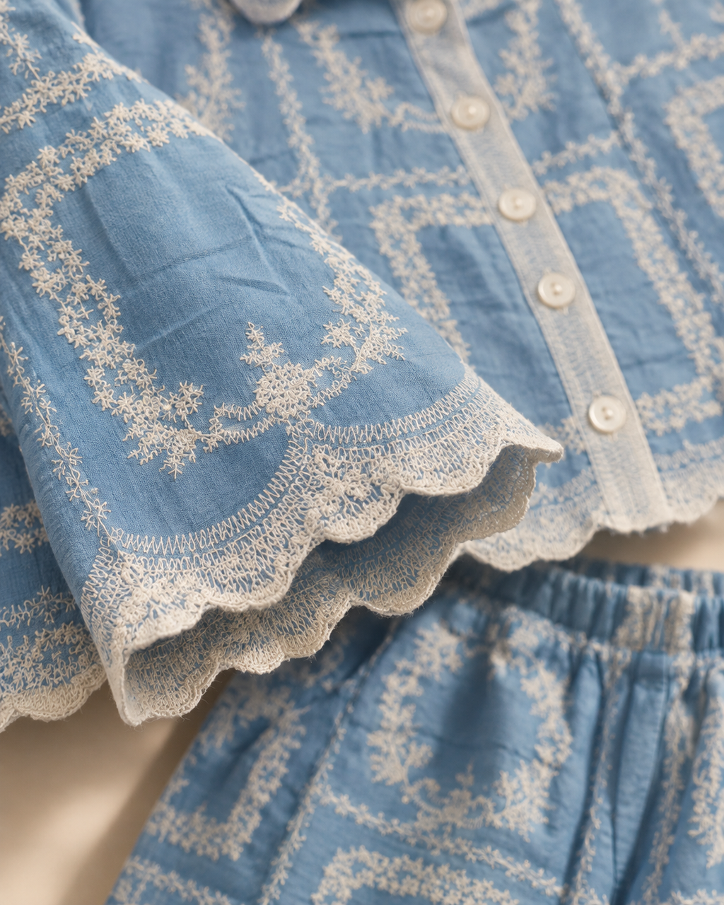 Set Blue Embroidered Lace-Trim Lounge Set