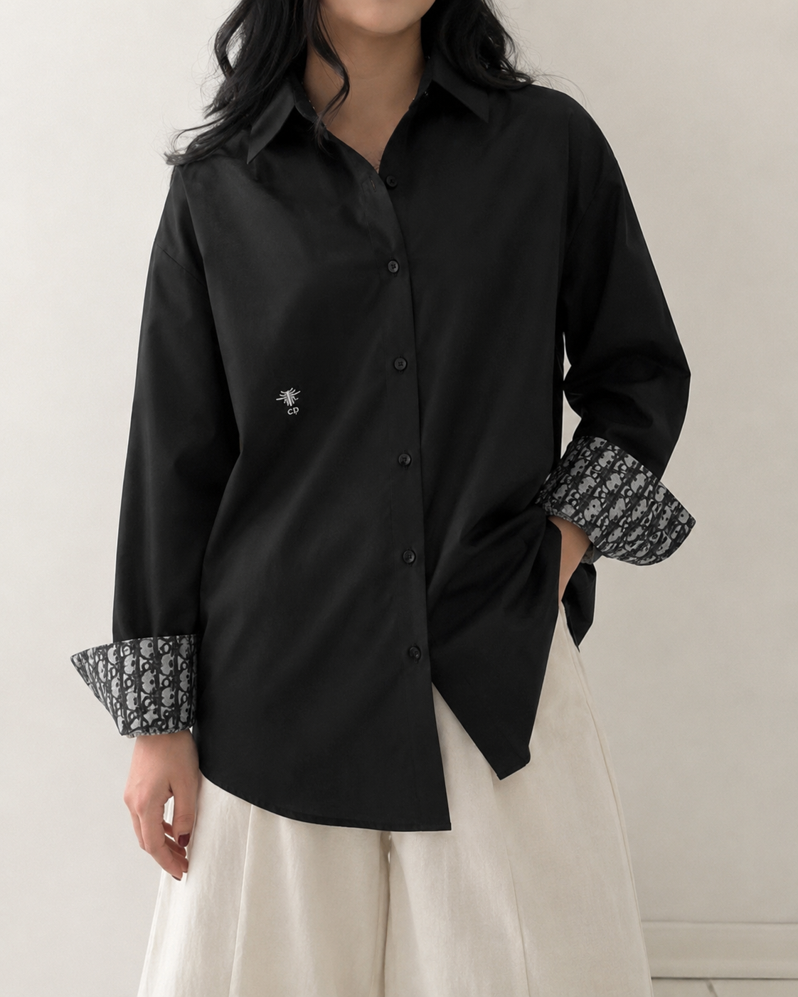 Monogram Cuff Black Oversized Shirt