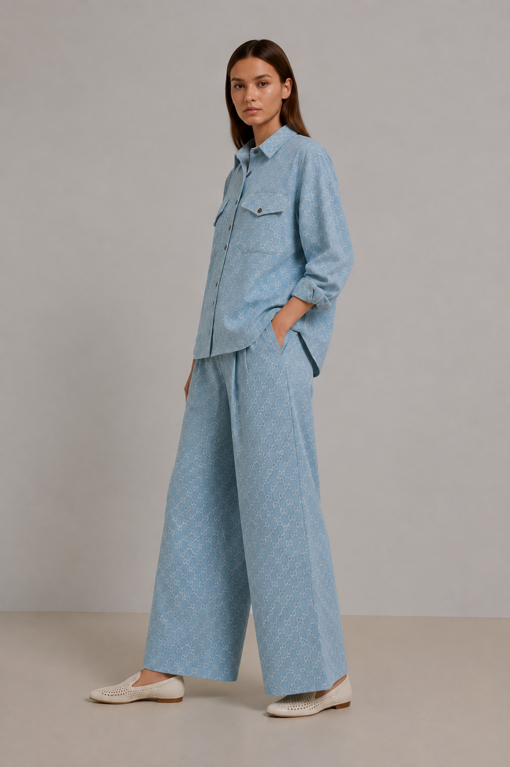 GUCCI Denim Monogram Wide-Leg Suit