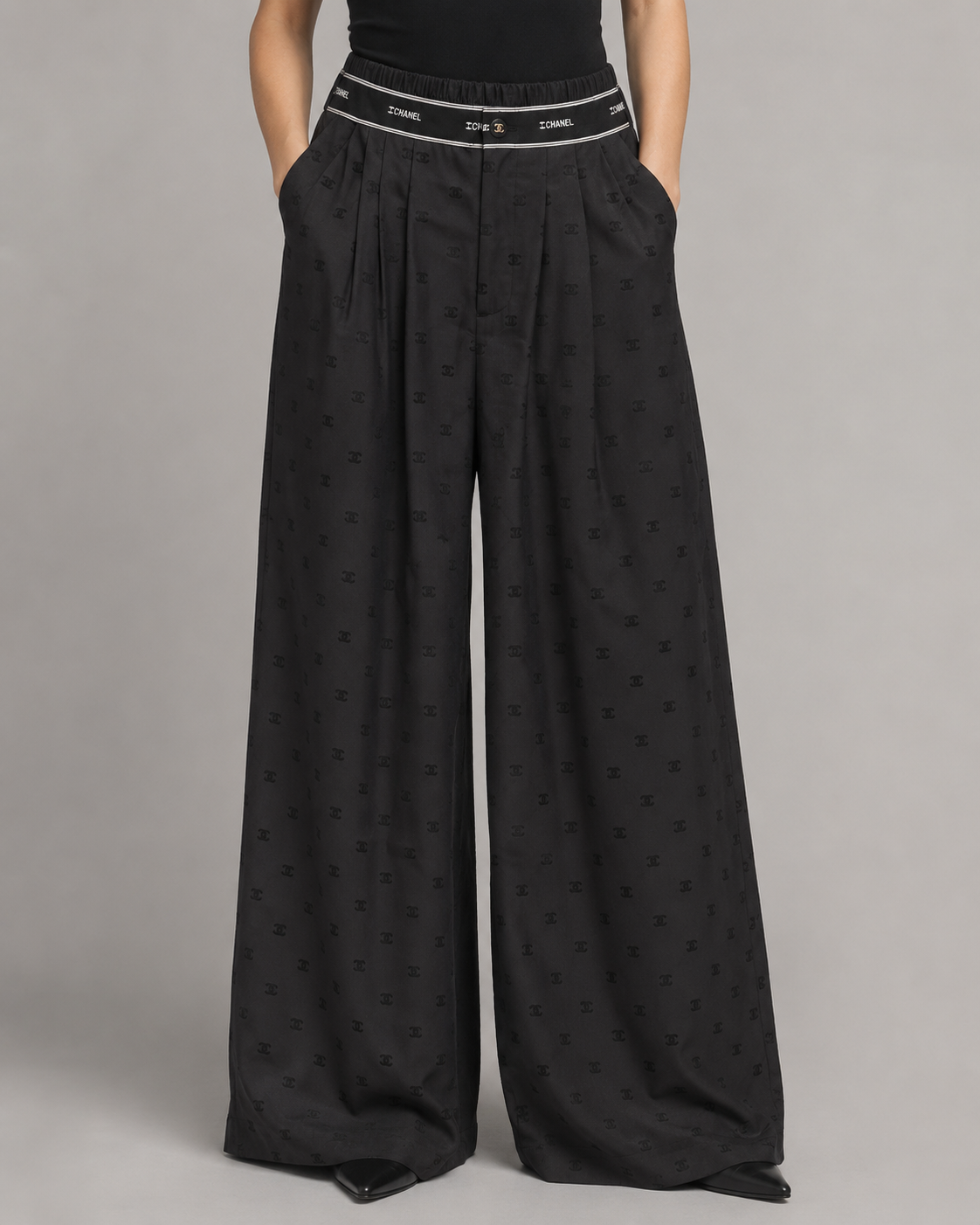 Chanel Black Monogram Wide-Lleg Pants