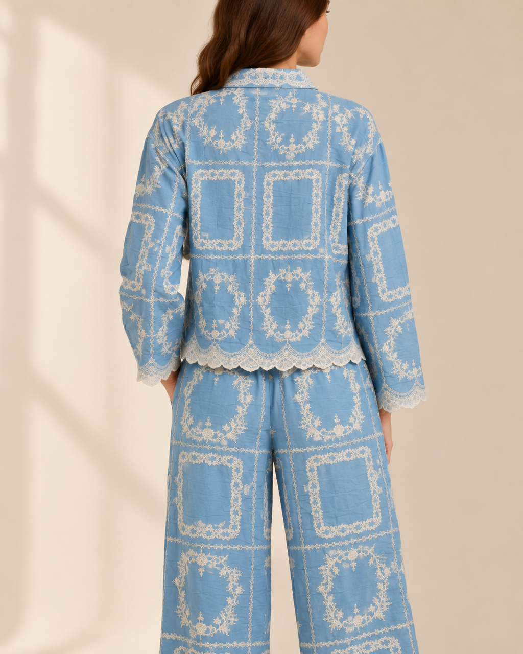 Set Blue Embroidered Lace-Trim Lounge Set
