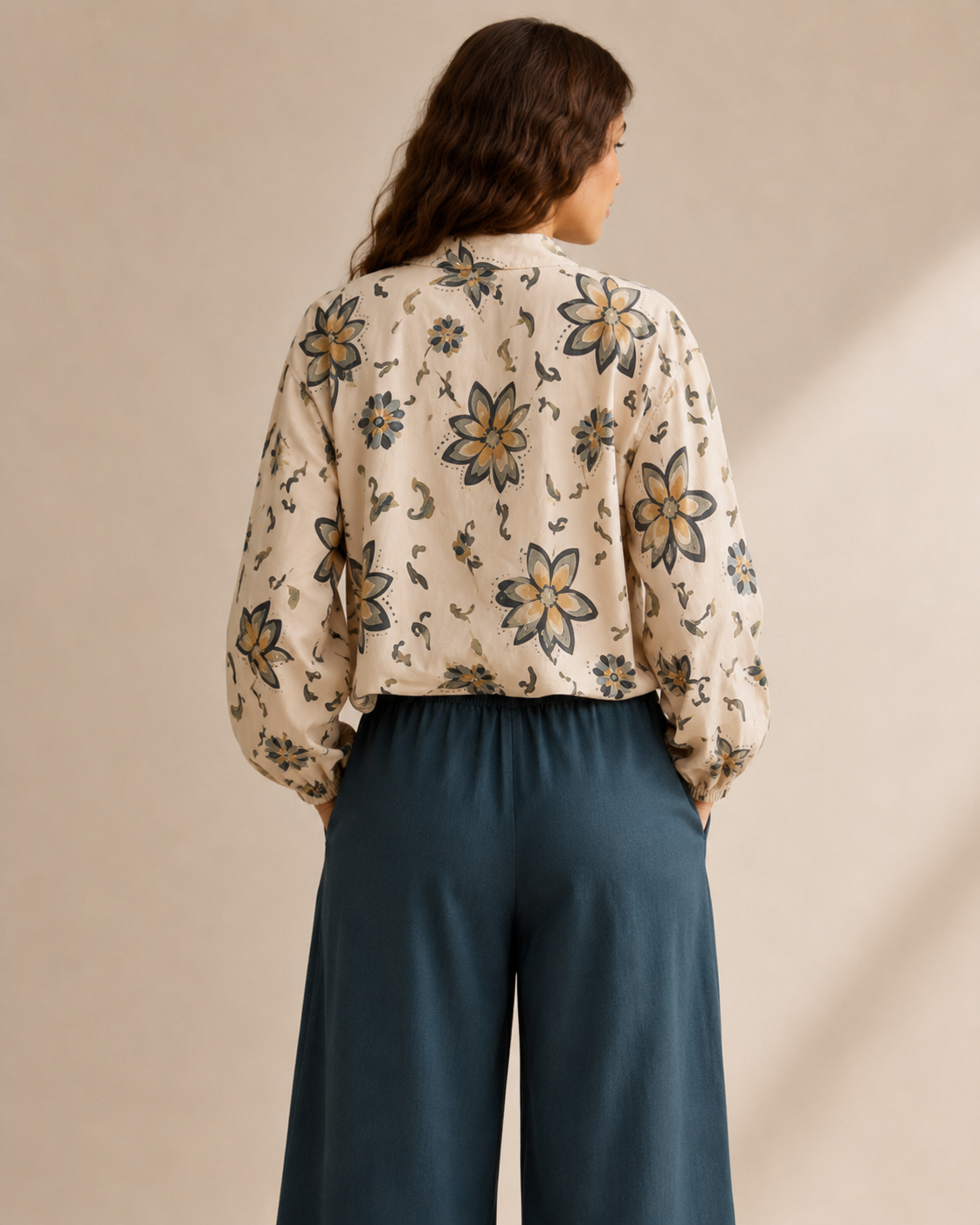Floral Tie-Front Blouse – Beige