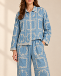 Set Blue Embroidered Lace-Trim Lounge Set