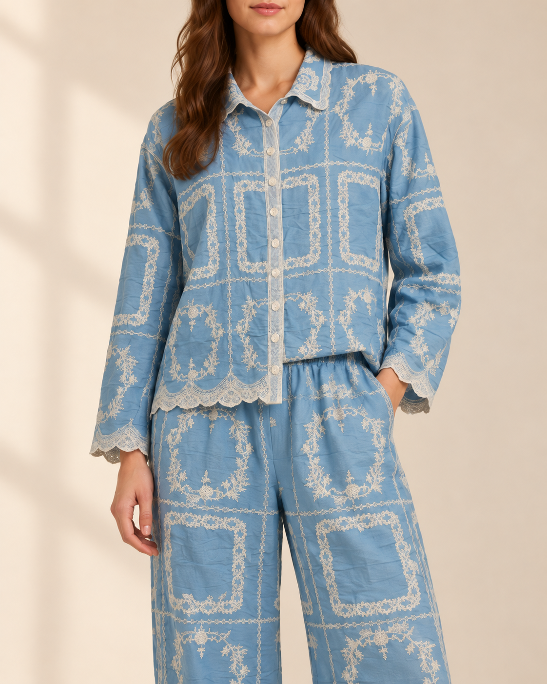 Set Blue Embroidered Lace-Trim Lounge Set