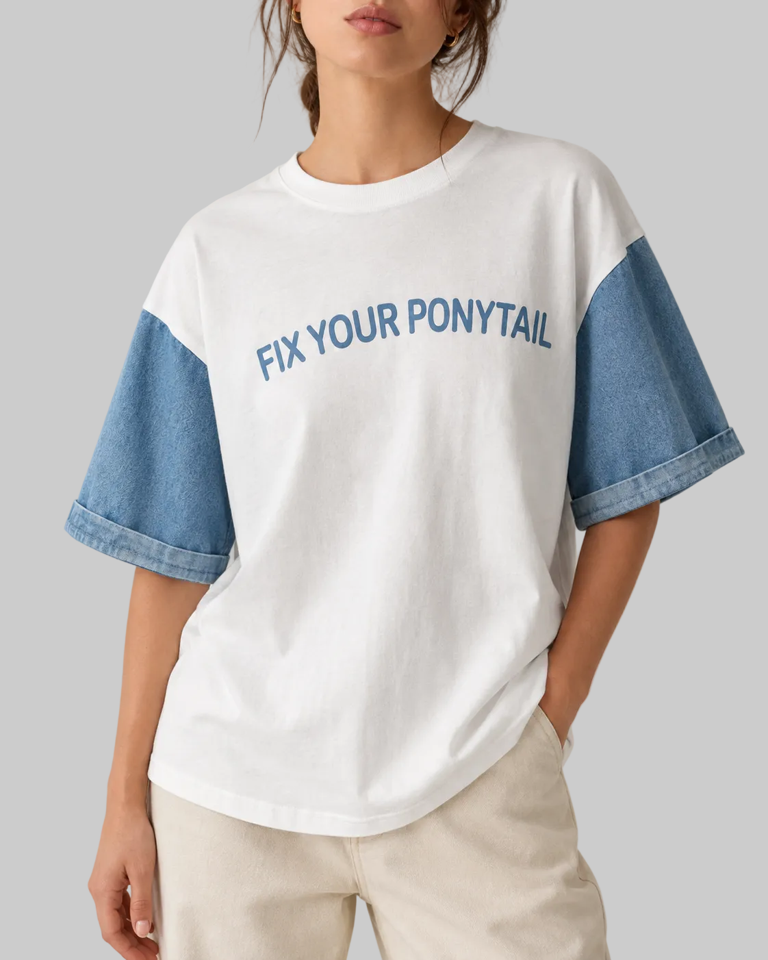 تيشيرت أوفر سايز بأكمام جينز – Fix Your Ponytail
