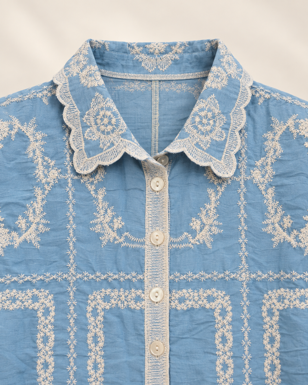Set Blue Embroidered Lace-Trim Lounge Set