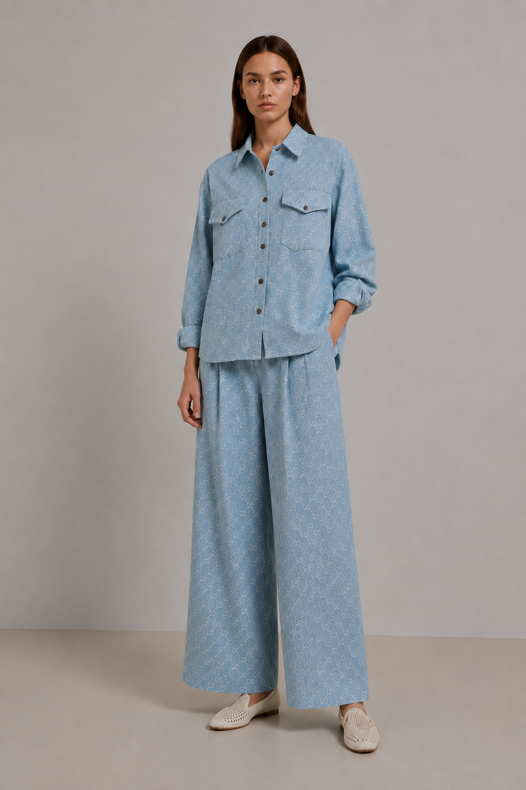 GUCCI Denim Monogram Wide-Leg Suit