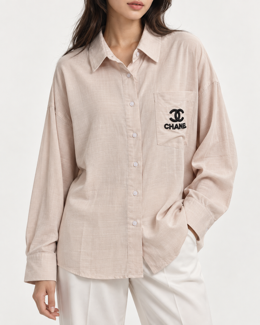 Women’s Oversized Embroidered Shirt – Light Beige