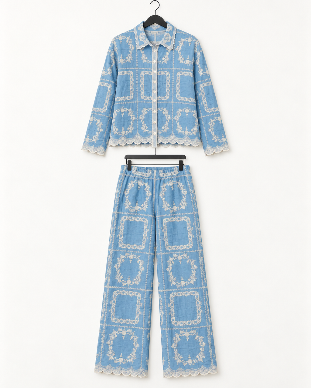 Set Blue Embroidered Lace-Trim Lounge Set