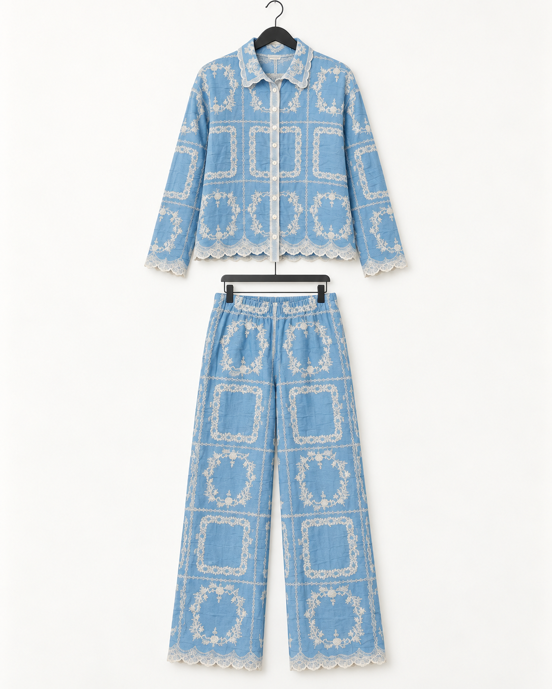 Set Blue Embroidered Lace-Trim Lounge Set